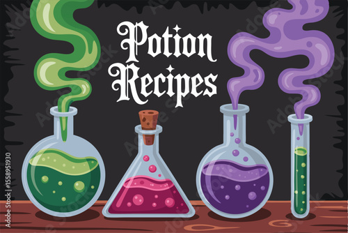 Illustrated Potion Recipes Banner with Colorful Liquids, Vials, Smoke, and a Dark Background