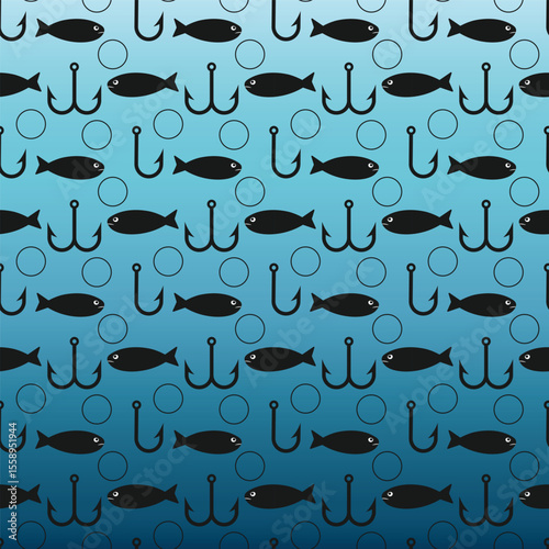 Fishing tackle hook. Seamless fishing hook pattern with fish on underwater ocean background