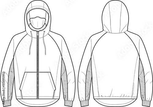 Men's and Women's Technical Hoodie Flat Sketch with Built-in Mask, Raglan Sleeves, and Front Pouch Pocket for Apparel Design, Fashion Illustration, and Product Development, Vector Template.