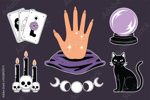 Illustration of Tarot Cards, Palmistry, Crystal Ball, Candles, and Black Cat on Purple Background