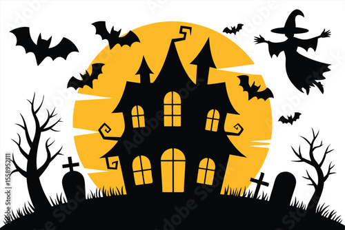 Silhouette of a Haunted House, Bats, Flying Witch and Tombstones on Full Moon Background