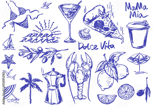 Italian vacation themed hand drawn graphics
