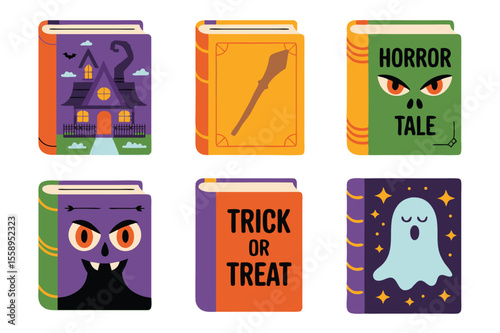Spooky Halloween Storybooks Illustration Featuring Haunted House, Magic Wand, Monster, Trick or Treat, and Ghost
