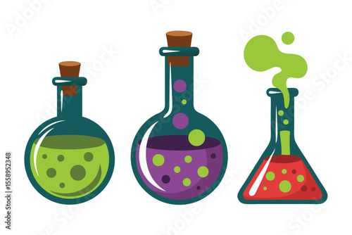 Spooky Science Three Colorful Beakers with Bubbles, Corks, and Exploding Green Liquid