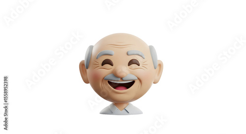 A cute smiling old man happy face 3d cartoon character on transparent background, funny elder emoji. Joyful male avatar.