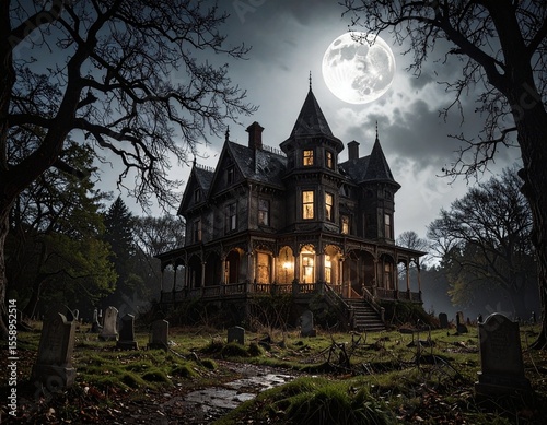 Creepy Victorian haunted mansion house on a hill at night with a large moon and trees and cemetery