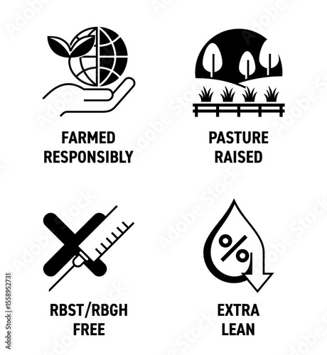 Beef quality icons - Farmed responsibly, Pasture raised, antibiotics free, Extra lean