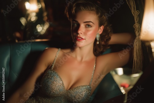 Retro Hollywood Starlet Reclines In Gown Beside Martini Under Studio Lights