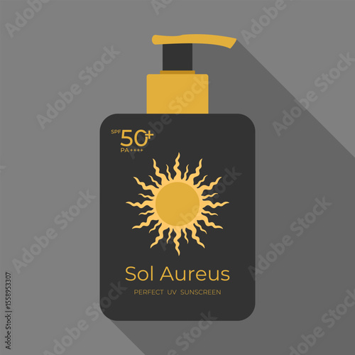 Sunscreen product package design with a golden sun. Pump bottle with a sunscreen lotion or cream. SPF 50. Vector illustration