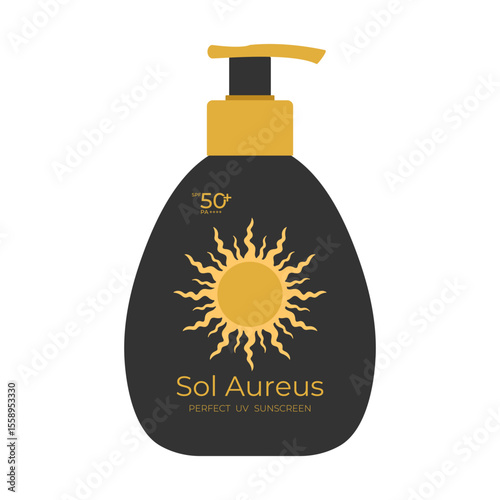 Sunscreen product design with a golden sun emblem. Pump bottle with a sunscreen lotion. Vector illustration