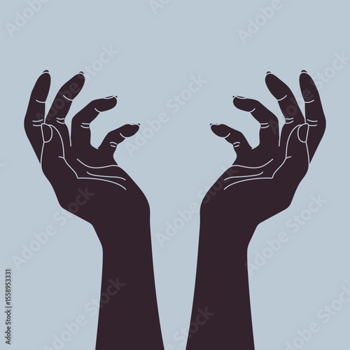 Human hands raised reaching to the sky. Outstretched hands top view. Vector illustration
