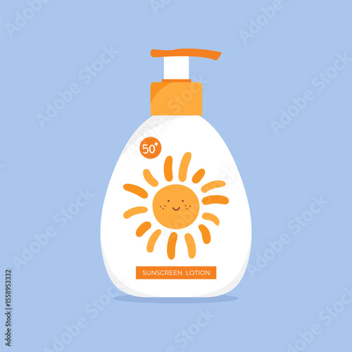 Sunscreen product design with a cute hand drawn sun. Pump bottle with a sunscreen lotion. Vector illustration