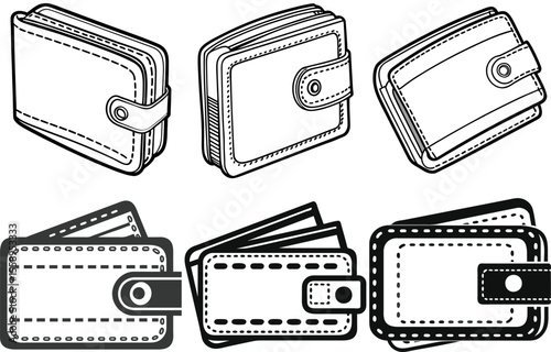 Collection of wallets in varying styles and designs with contrasting vector silhouettes