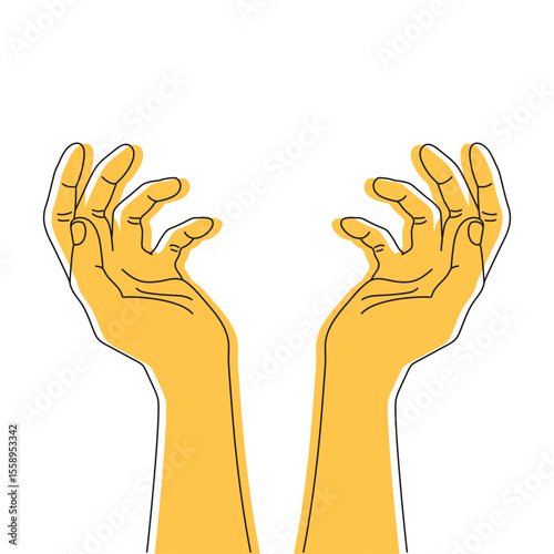 Raised human hands outline. Arms reaching to the sky. Outstretched hands line art. Vector illustration