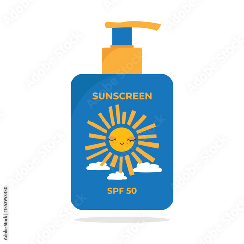 Kids sunscreen product design with a cute sun and clouds. Pump bottle with a sunscreen cream or lotion for baby kids. Vector illustration