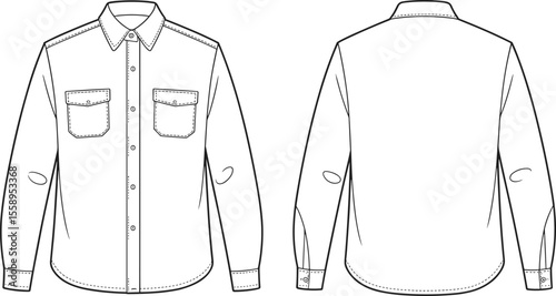 Men's Classic Long Sleeve Button-Up Shirt Flat Sketch: Stylish Apparel, Casual Wear, Technical Fashion Illustration, CAD Template
