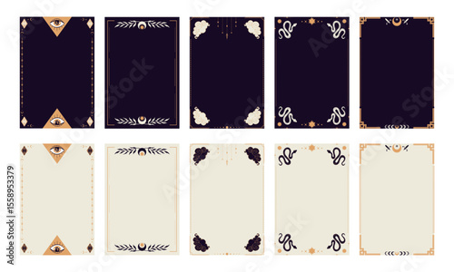 Black and white border frame templates for Tarot cards. Empty frames with space celestial elements and decorations. Vector illustration