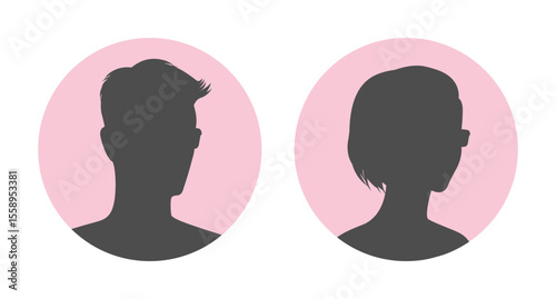 Round emblems with silhouette of a half turned man and woman in eyeglasses. Vector illustration