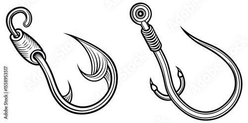 Detailed line drawing featuring two distinct stylized fishing hooks designs
