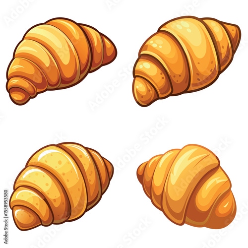 Four Cartoon Croissants of Varying Perspectives Isolated vector illustrations