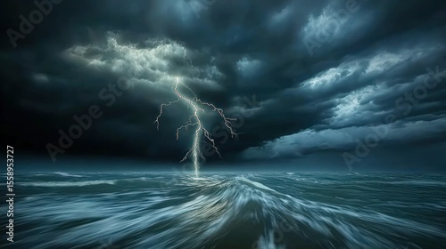 Lightning strikes the ocean during a violent and stormy weather event