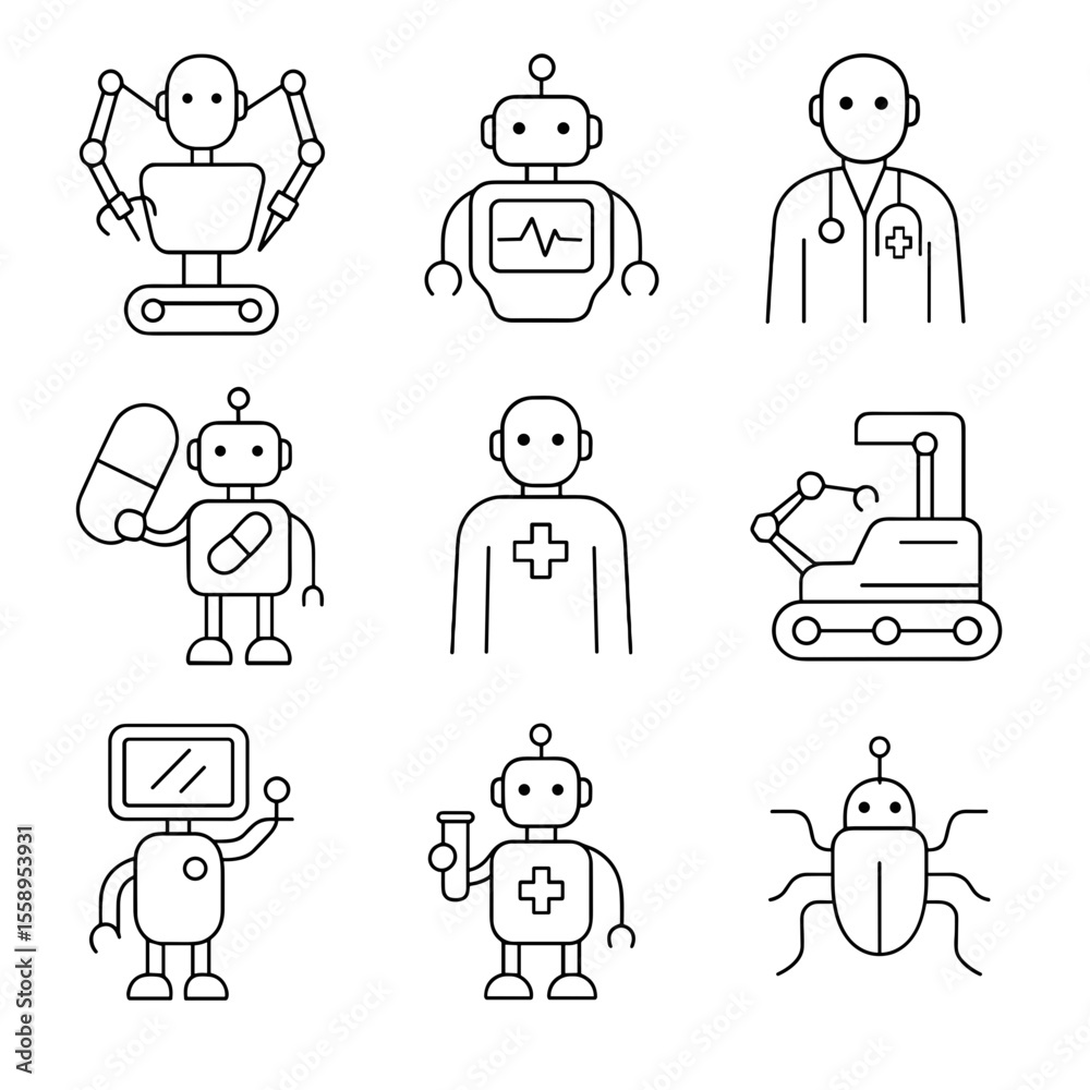 Robot icons representing AI and future technology in health care Robot icons representing AI and future technology in health care