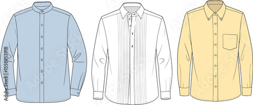 Men's Stylish Long Sleeve Dress Shirts Collection: Classic Button-Down, Pleated Tuxedo, and Casual Oxford Designs, Vector Fashion Illustration Pack for Apparel Businesses