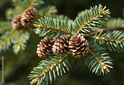 Close-up of fir cones on a branch. Branch of a coniferous tree with cones