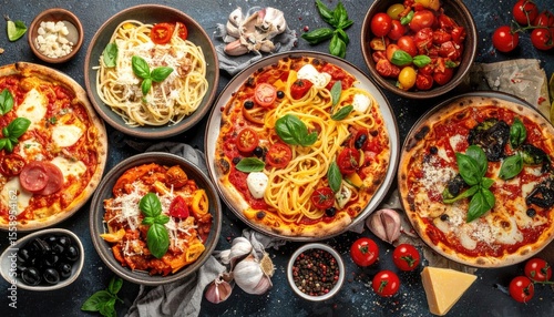 Delicious Variety of Italian Dishes Including Pizza and Pasta