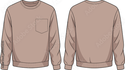 Stylish Men's & Women's Unisex Dusty Rose Crew Neck Sweatshirt with Front Pocket, Comfortable Casual Apparel, Flat Sketch Vector Illustration, Fashion Template for Design, Everyday Wear.