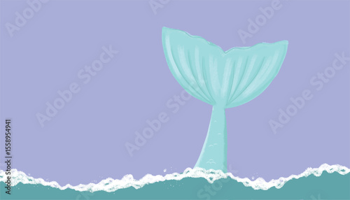 Mermaid tail in the ocean cartoon hand drawn illustration