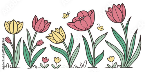 Colorful Tulips Vector Illustration with Floral Pattern
