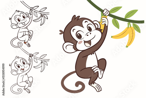 Cute cartoon animals in jungle coloring book style illustration