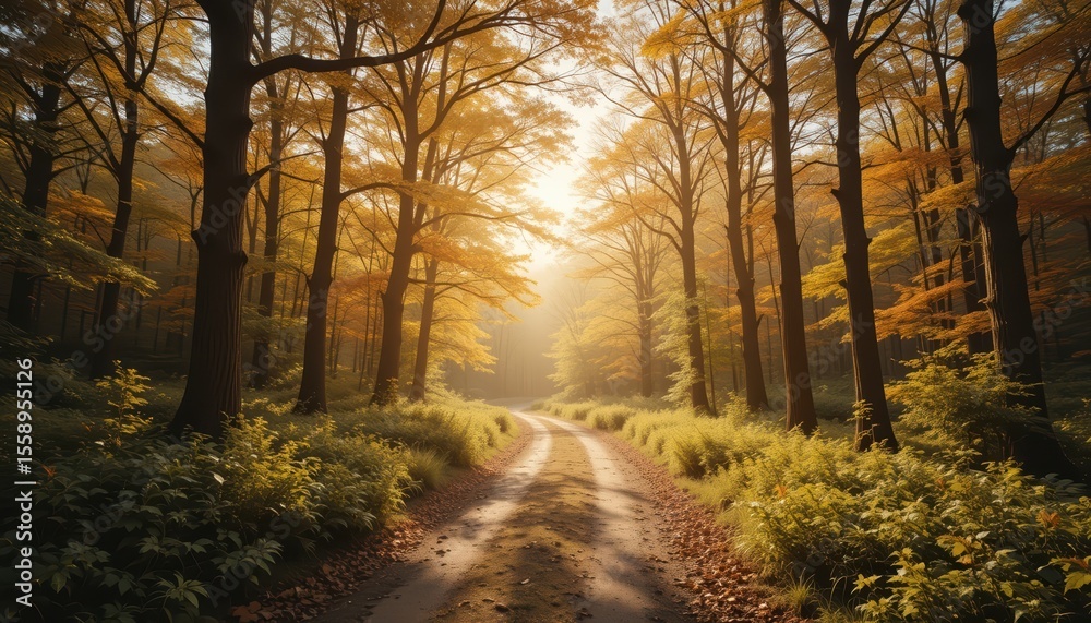 Naklejka premium Enchanted Autumn Forest Path with Golden Light and Haze