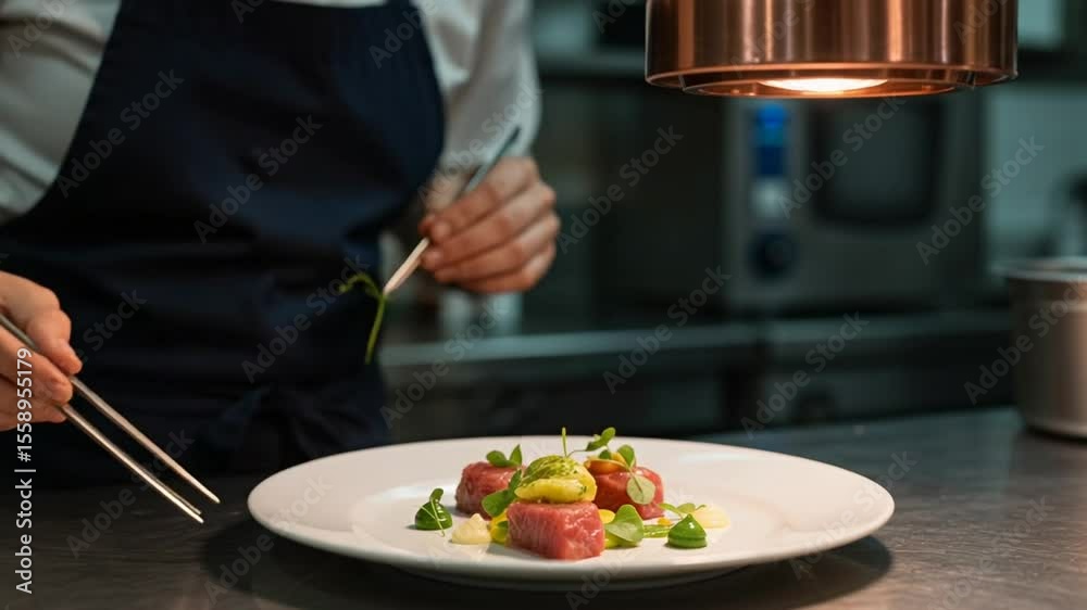 Chef skillfully plating gourmet dish in modern kitchen Chef skillfully plating gourmet dish in modern kitchen