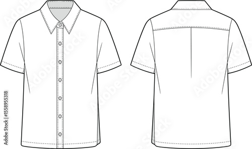 Flat Sketch of a Classic Short Sleeve Button-Down Collared Shirt for Women, Front and Back Views, Technical Fashion Drawing of Casual Blouse Apparel Design, Must-Have Wardrobe Essential