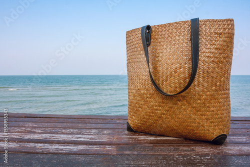 bamboo bag on wooden floor.