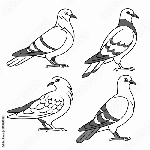 A vector set of diverse birds, including white doves and black silhouettes, isolated in nature with outstretched wings, symbolizing freedom and peace