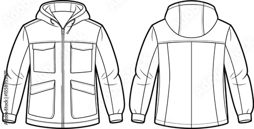 Technical Flat Sketch of a Men's Modern Hooded Field Jacket or Parka with Four Pockets, Ideal for Fashion Design and Apparel Mockups
