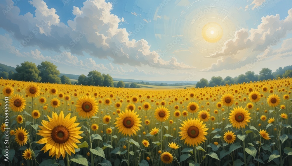 Fototapeta premium Golden Sunflower Field Under Sunny Blue Sky with Clouds