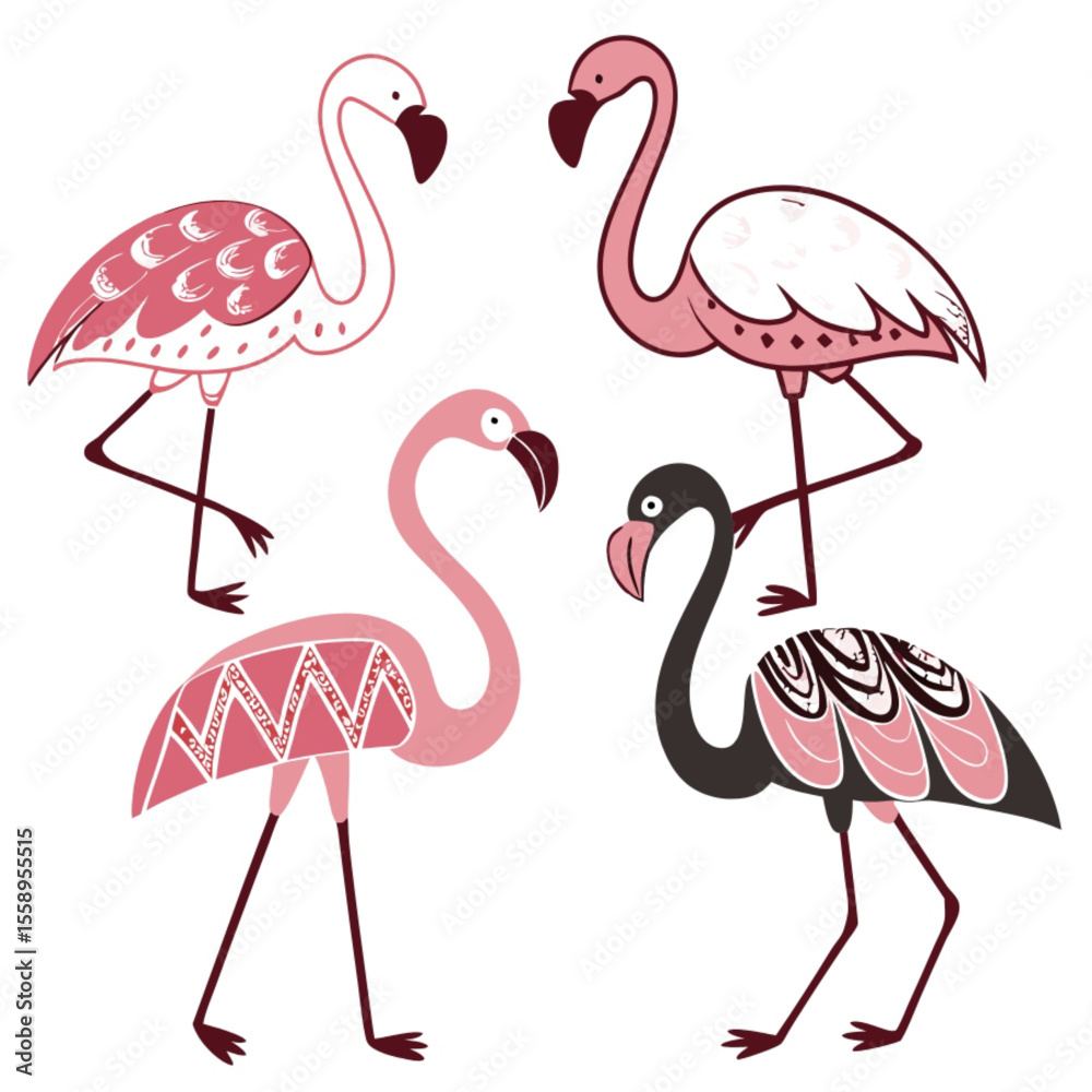 Obraz premium A vibrant vector illustration of a set of pink flamingos, showcasing their tropical bird silhouette and natural wildlife beauty