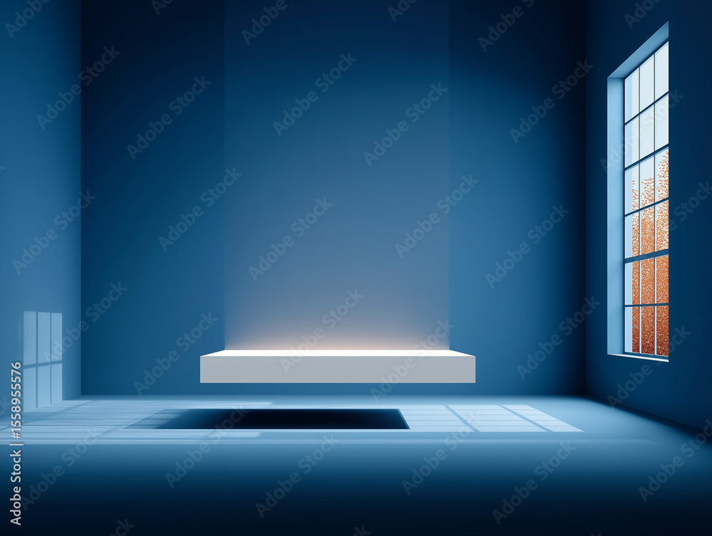 Fototapeta premium Elevated Perspective: A modern, minimalist interior space is bathed in monochromatic blue, featuring a floating platform and geometric play of light, evoking a sense of tranquility and openness.