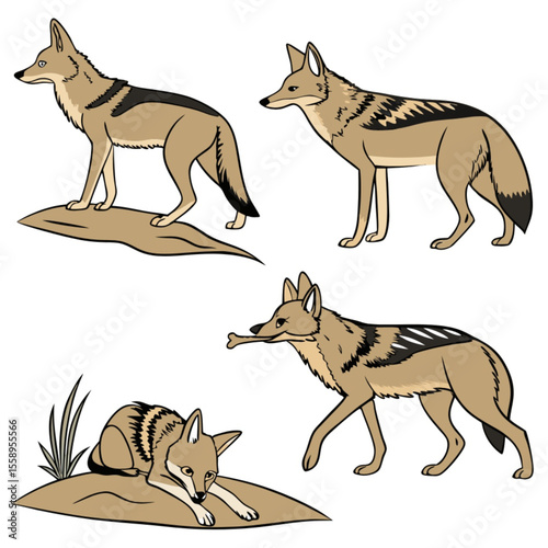 Vector silhouette set of wild and domestic animals including wolves, dogs, and wolf-fox
