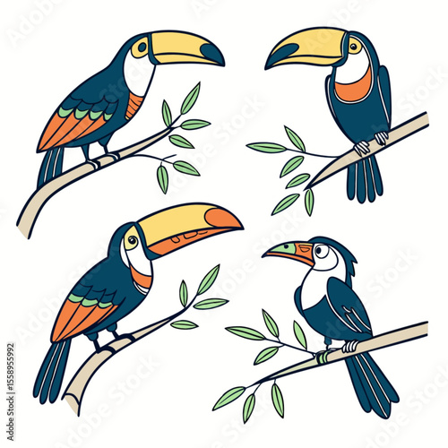 Colorful toucan bird with a vibrant yellow and orange beak in a tropical rainforest
