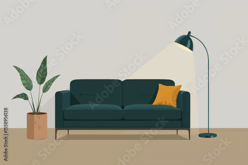 Modern living room interior design teal sofa floor lamp plant
