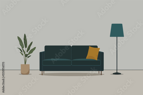 Modern living room interior design with teal sofa and floor lamp