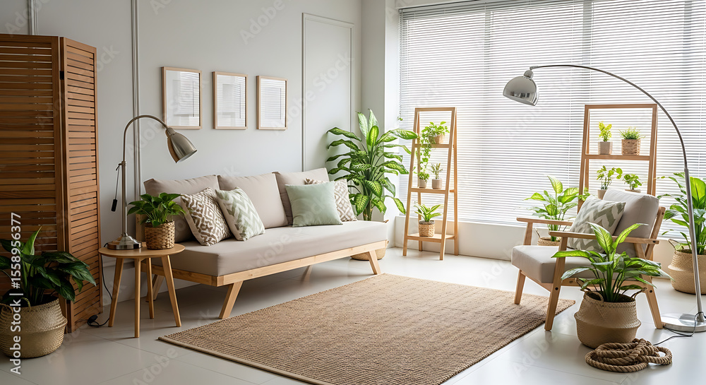 Fototapeta premium Bright Minimalist Living Room with Natural Textures and Indoor Plants