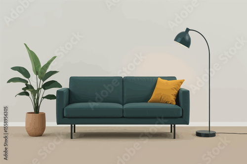 Modern living room interior design teal sofa floor lamp plant