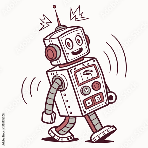 Funny cartoon android robot toy set featuring cute retro futuristic cyborg soldiers and vintage red metal characters