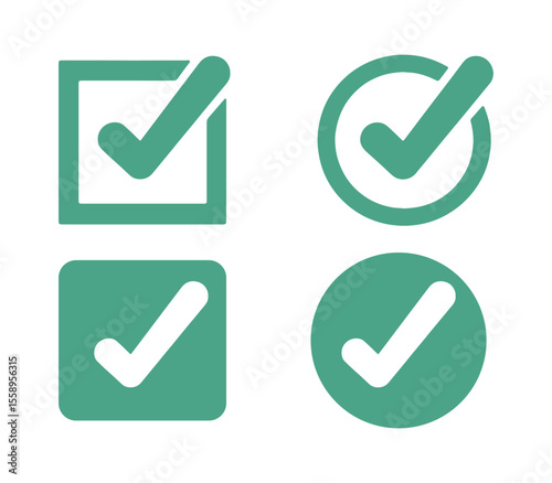 Four green check mark icons with different shapes, isolated on white background